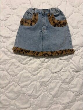 Girls' Denim Skirt with Faux Leopard Fur Trim, Size kids XL